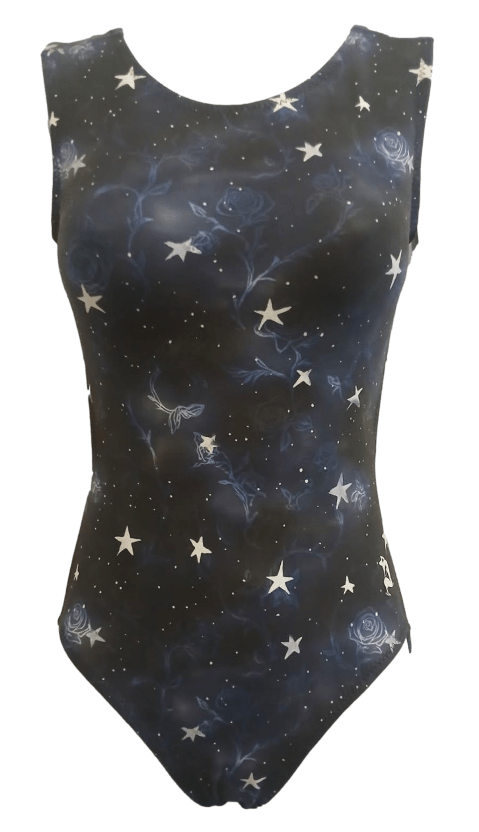Leotard with star and galaxy pattern on a white background