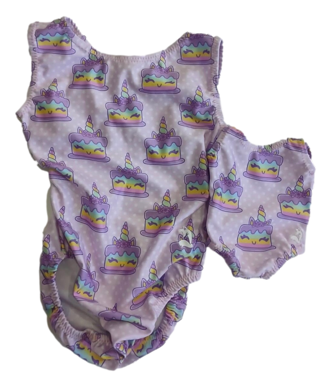 Toddler leotard and matching doll leo set with unicorn cake print 