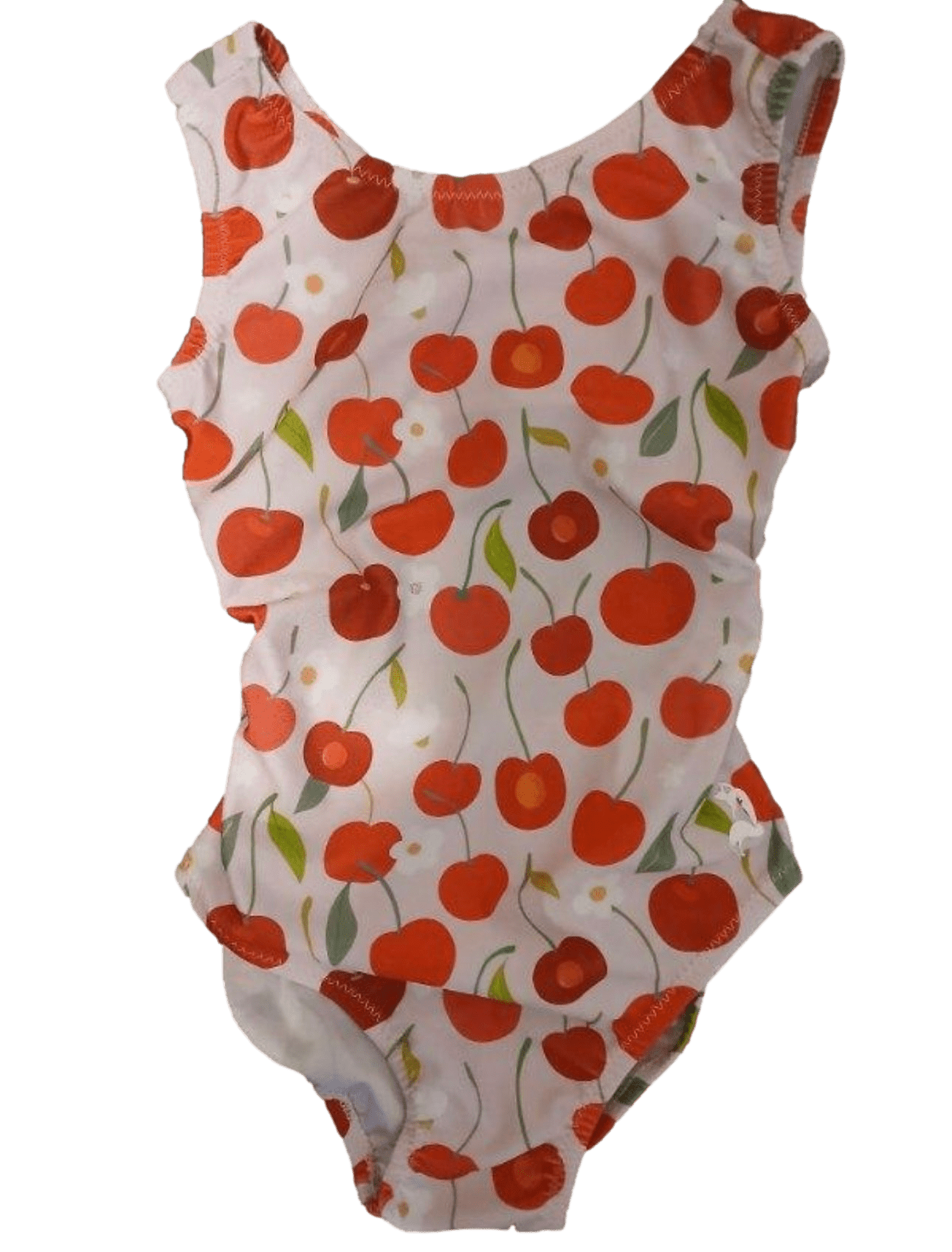 One-piece gymnastics foxy leo for girls with red cherry pattern on a white background