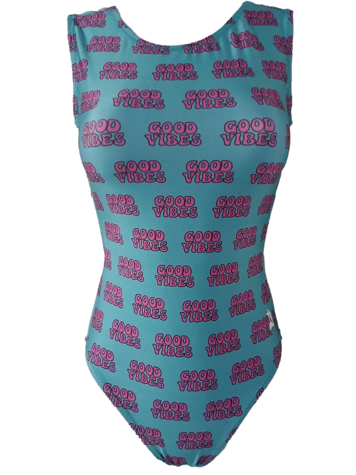 teal leotard with allover pink and purple 'good vibes" text, featuring a scoop neckline and full coverage fit