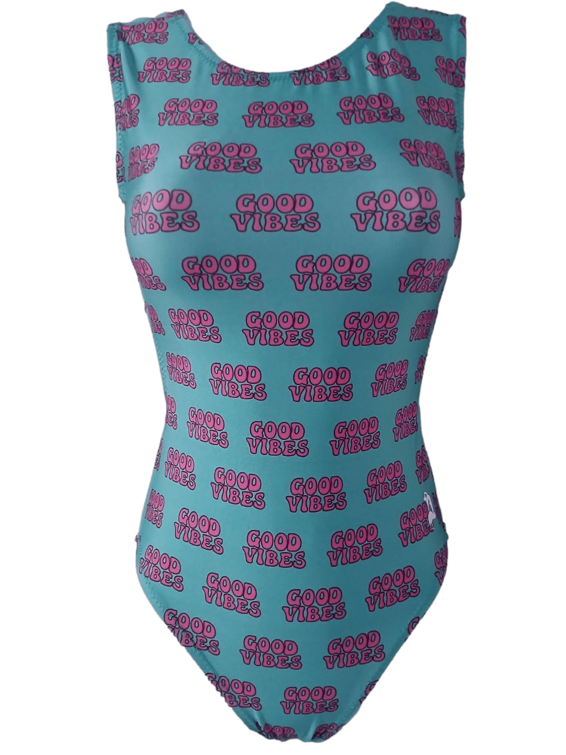 Blue foxys gymnastics leotard with 'Good Vibes' text pattern on a green background