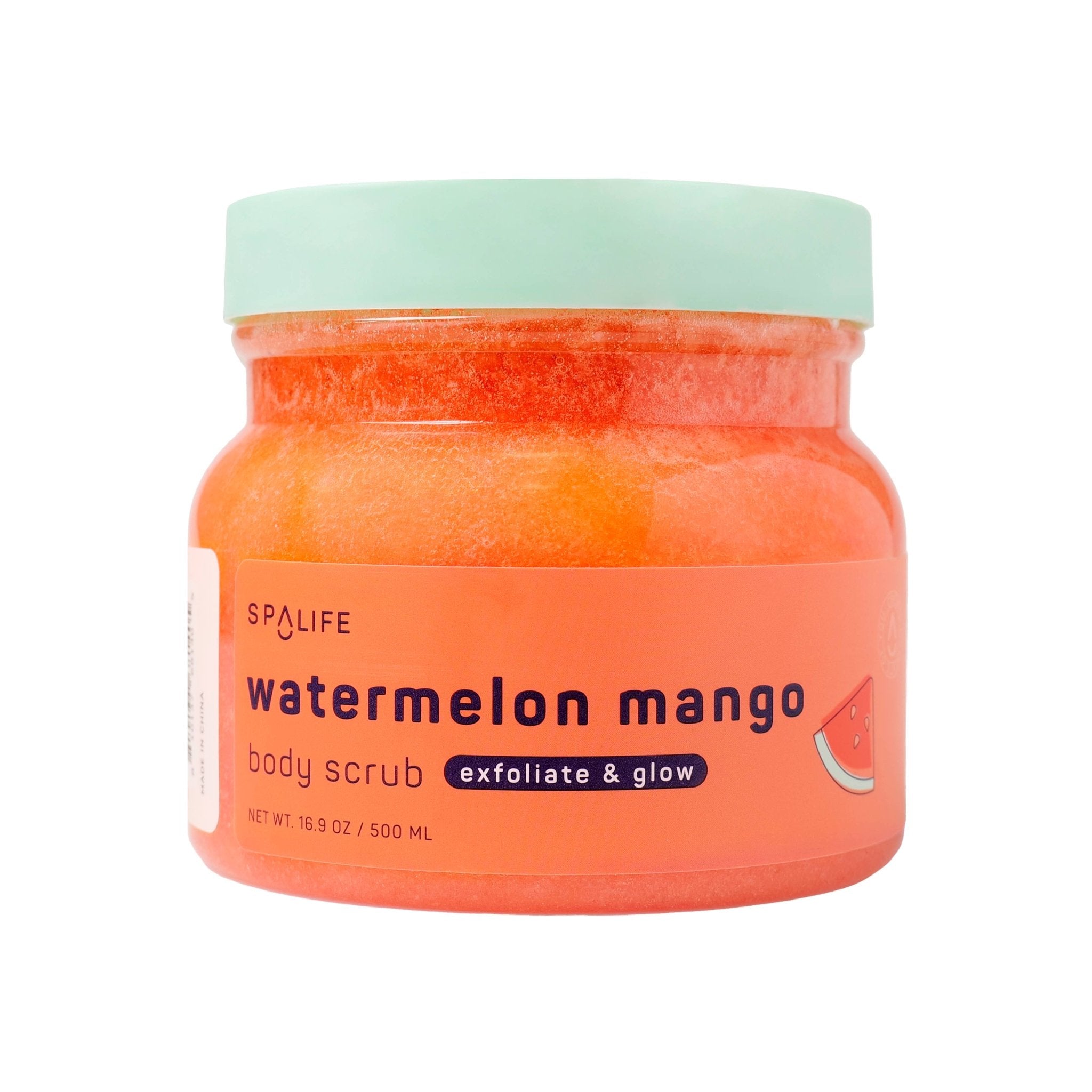 Jar of watermelon mango body scrub with a green lid on a white background