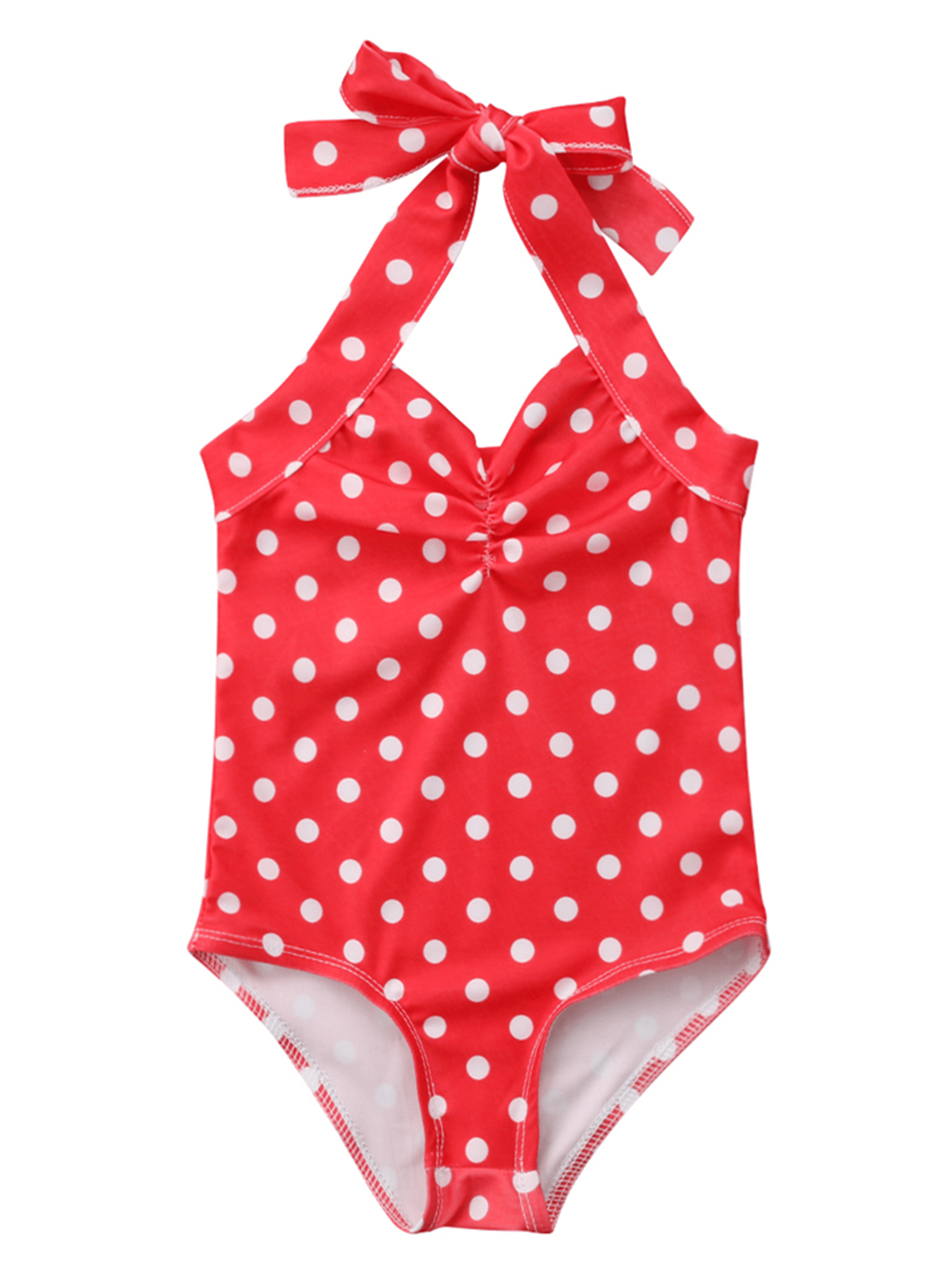 Red polka dot swimsuit with a bow on a white background