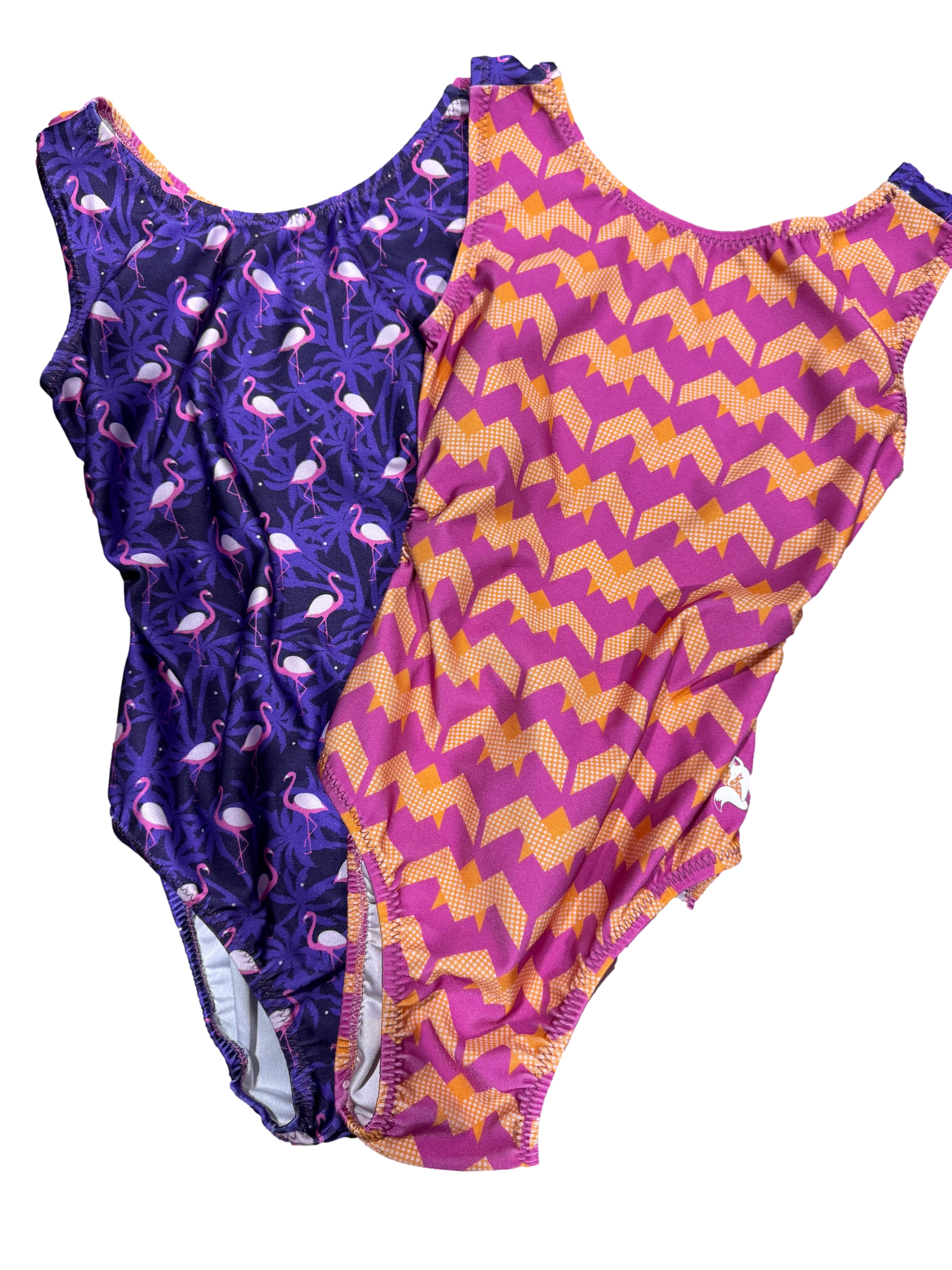 purple pink orange flamingo foxys leotards