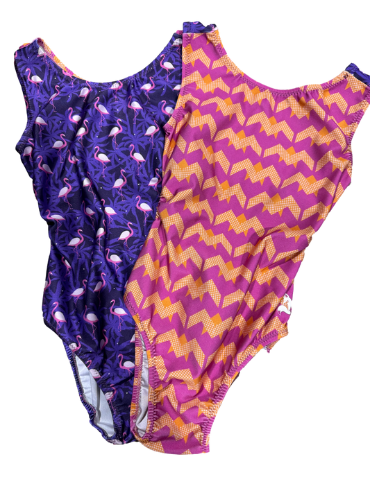 purple pink orange flamingo foxys leotards