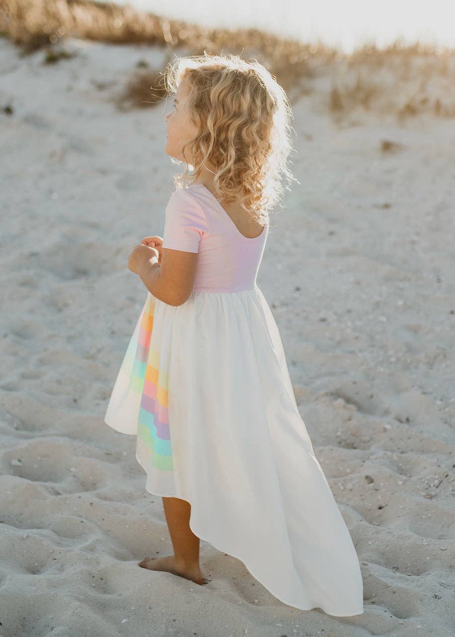 Girls Light Pink Pastel Rainbow Dress (Size 5-6)