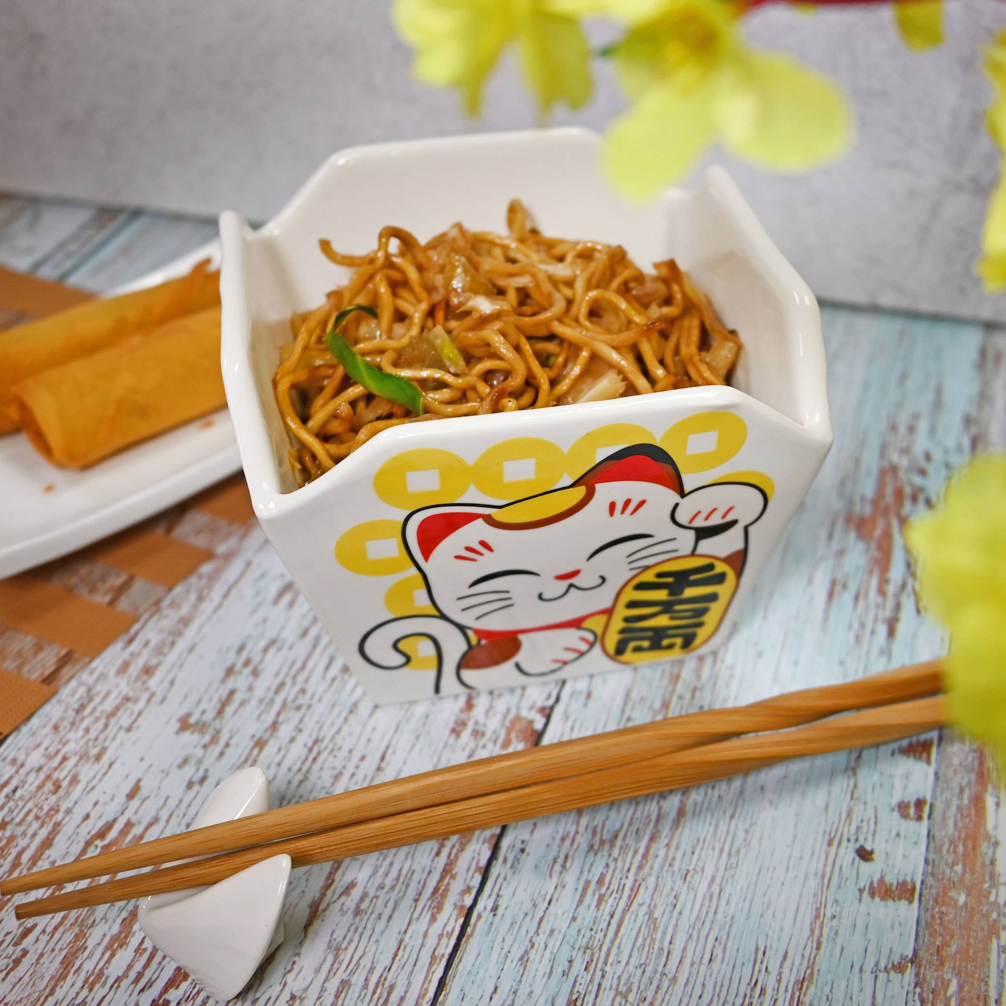 Ceramic Takeout Box-Style Bowl w/Chopstick – Lucky Cat - Foxy’s