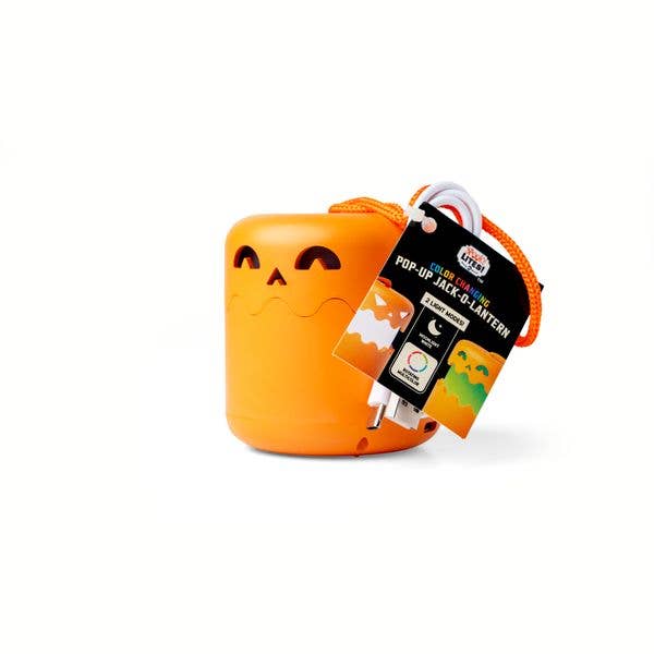 Orange ghost-shaped pop-up jack-o'-lantern with a tag on a white background