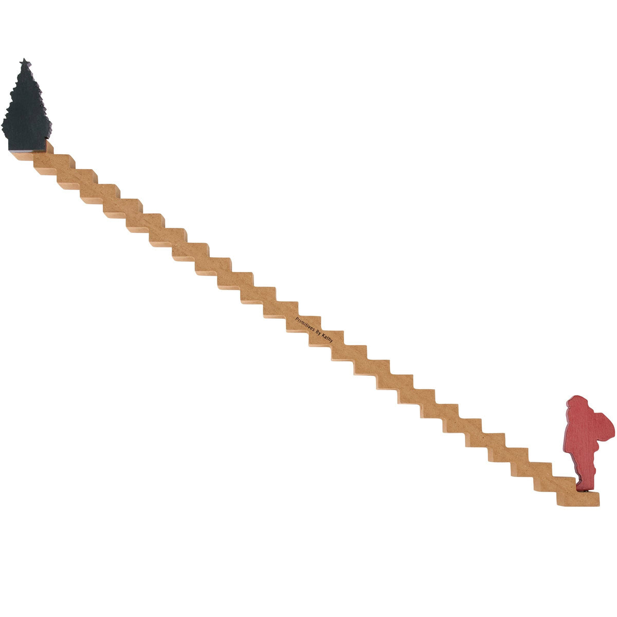 A wooden Christmas tree to person scale cutout, showing a dark green Christmas tree on one end and a red silhouette of a person on the other, connected by a diagonal line of light brown wooden steps on a plain white background.