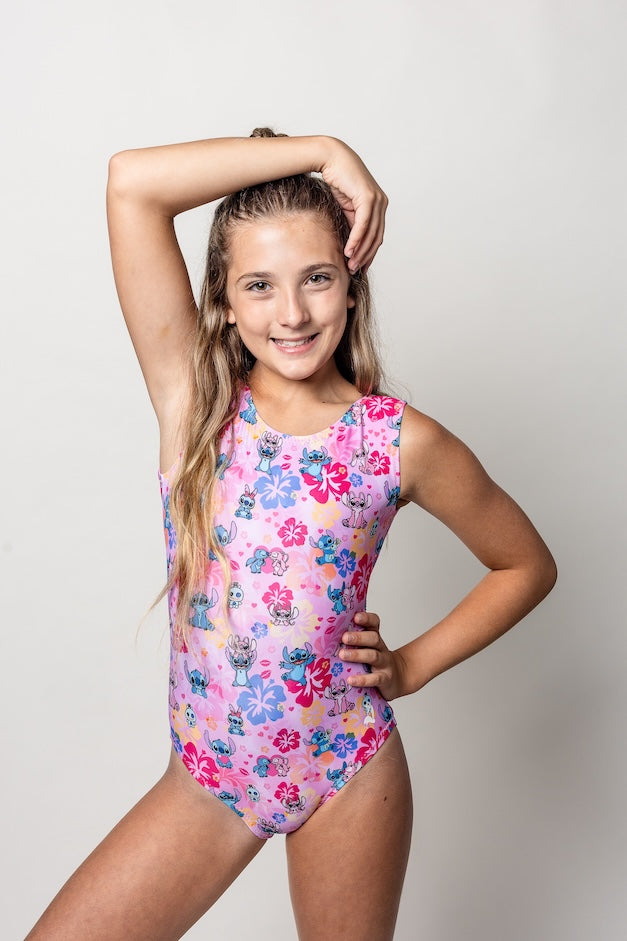 Pink aloha stitches gymnastics leotard with flowers for girls