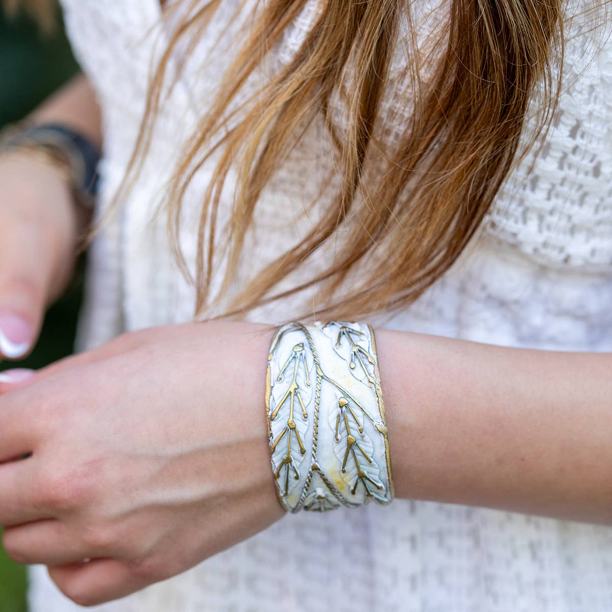 Brass Patina Cuff Bracelet - White Leaves - Foxy’s