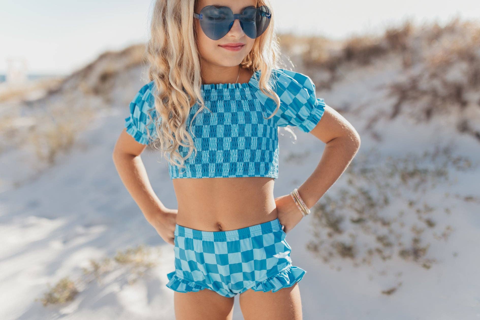 Girls Turquoise & Blue Check Ruched 2 Piece Swimsuit - Foxy’s
