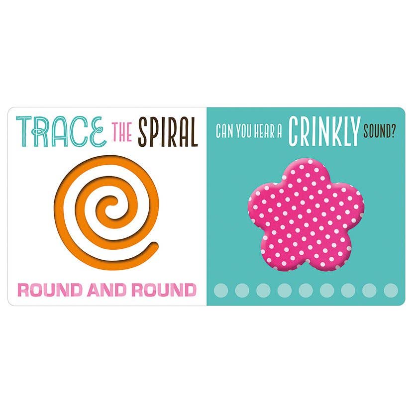 A baby sensory and motor activity card featuring a split design. The left white panel has a teal, pink, and brown text layout reading 'TRACE THE SPIRAL' and 'ROUND AND ROUND' with an orange spiral illustration.