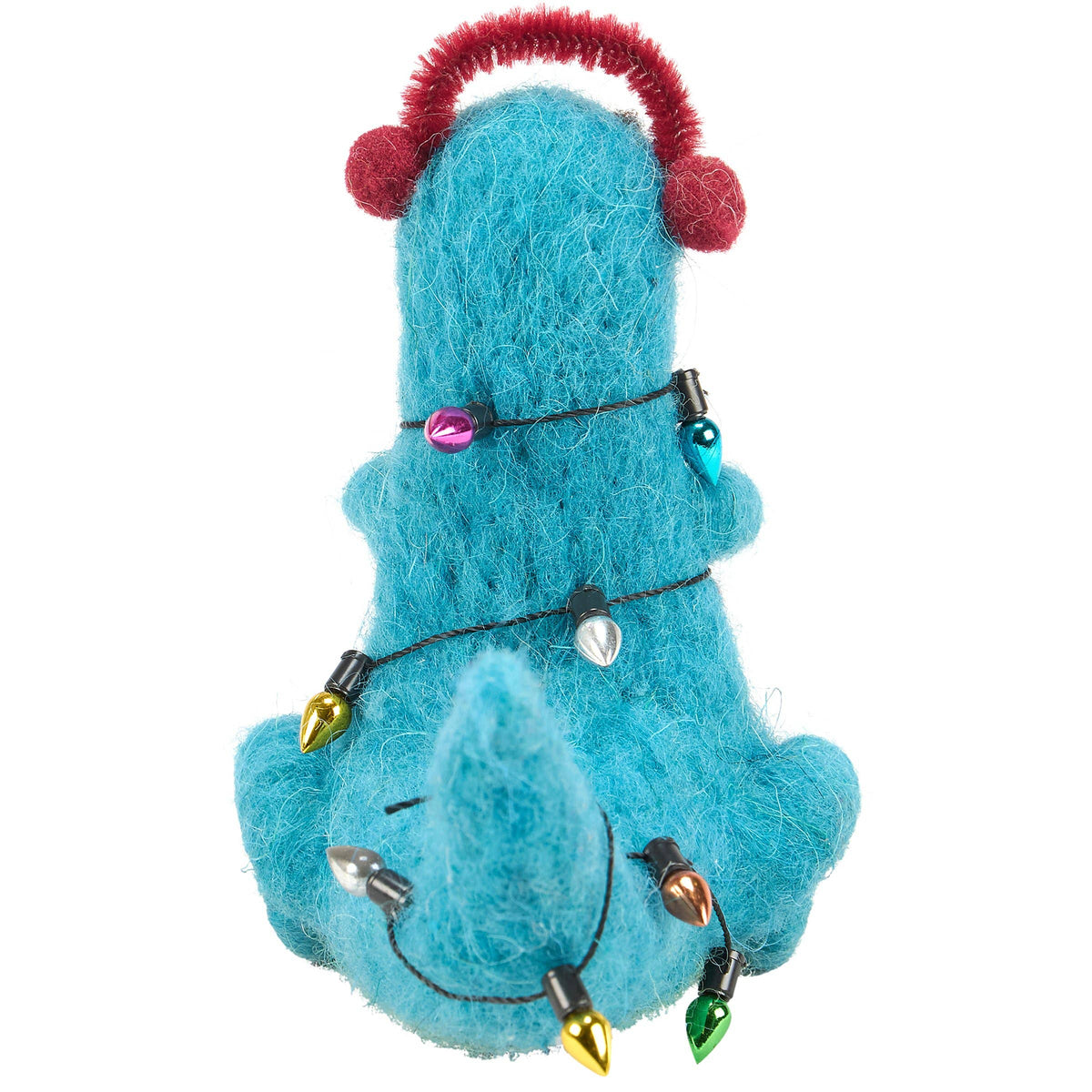 A turquoise blue felt Christmas tree ornament decorated with a red fuzzy headband and multicolored Christmas lights on a black cord, isolated on a white background.
