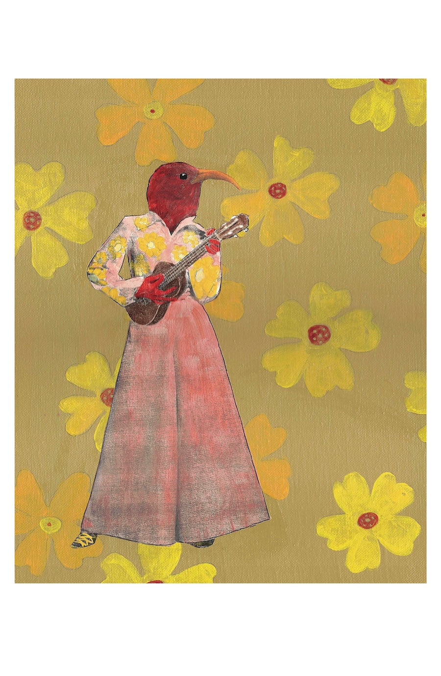 A whimsical art print featuring a bird character with a red head and beak, wearing a yellow floral top and pink skirt, playing a ukulele against a mustard yellow background with large yellow flowers.