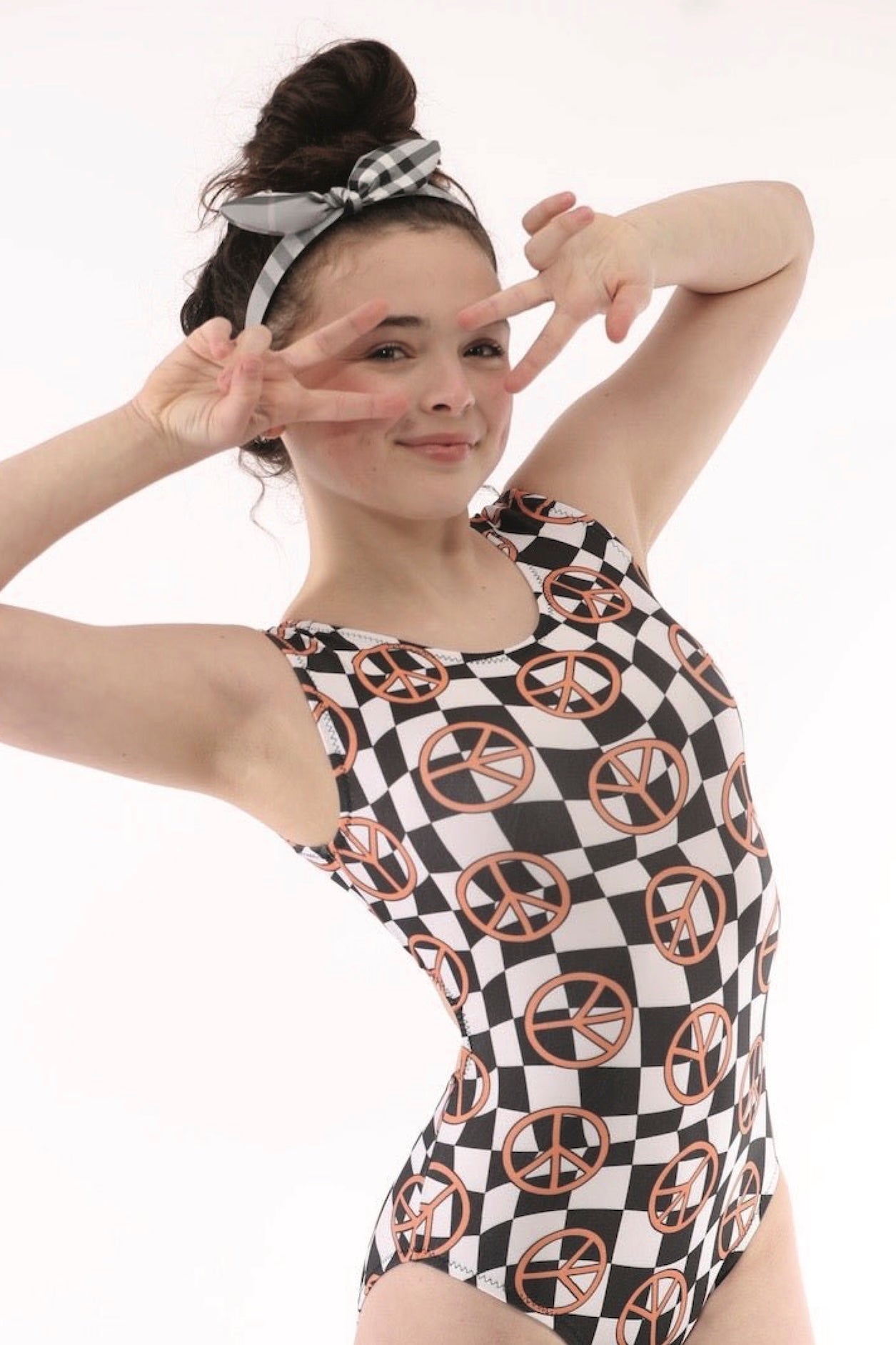 Checker Peace Gymnastics Leotard - Foxy's Girls Leotard: Comfortable, USA Made - Foxy’s