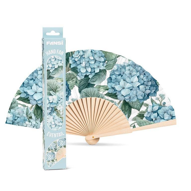 Hand fan with blue floral design and packaging on a white background