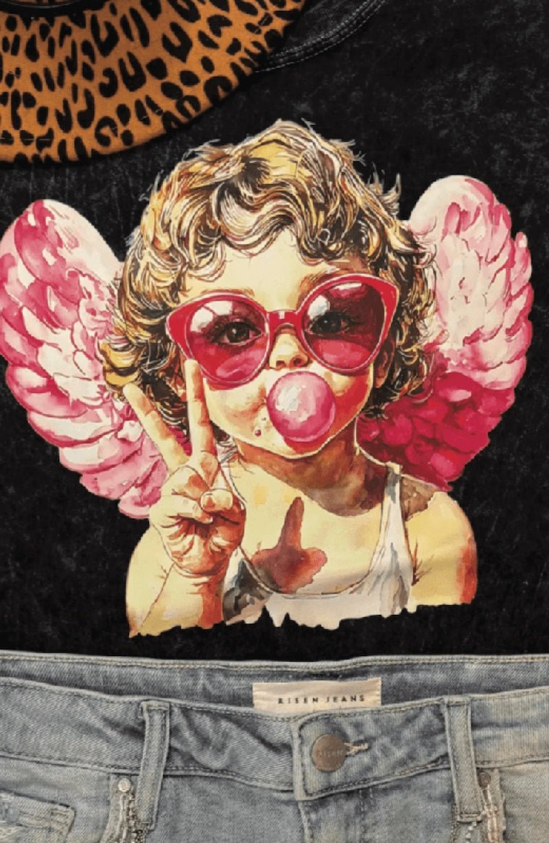 Bubble Gum Cupid Graphic Tee - Mineral Wash - Foxy's Leotards - Adult Small - Valentine's Day - Foxy’s