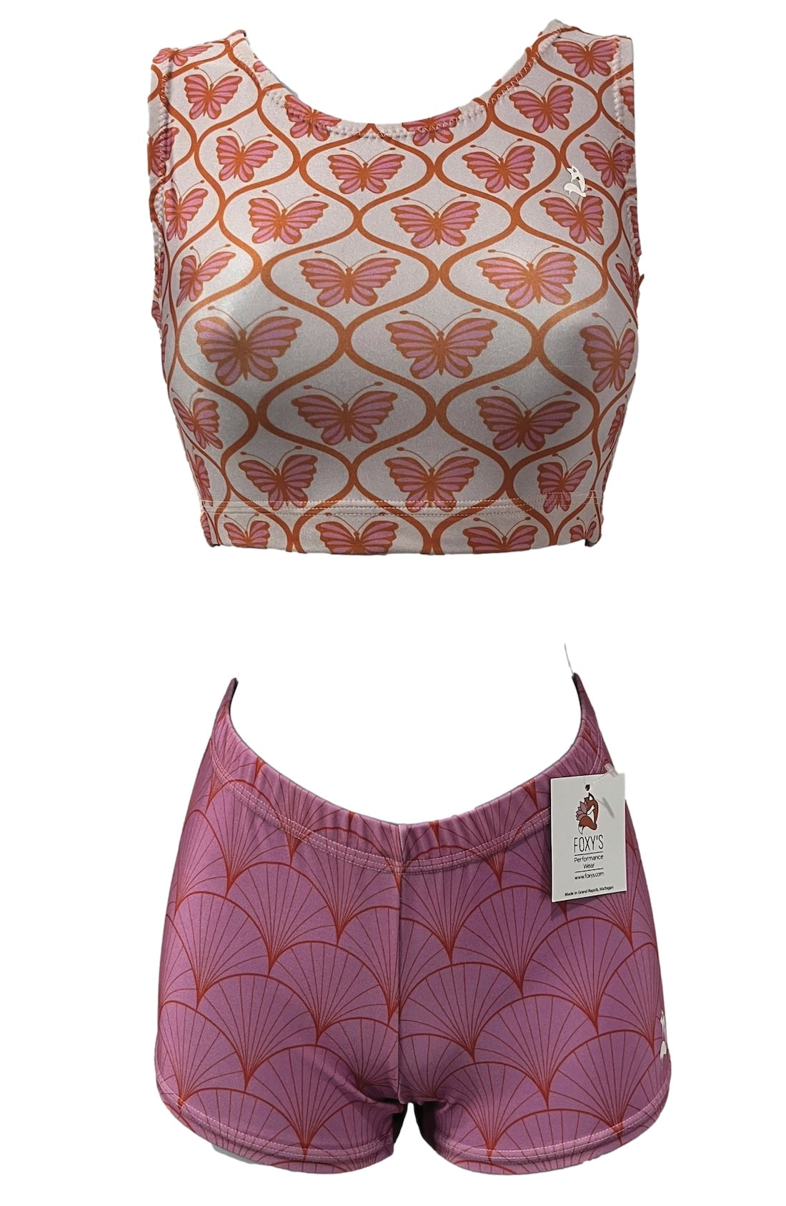 Top and shorts set with butterfly pattern on a white background