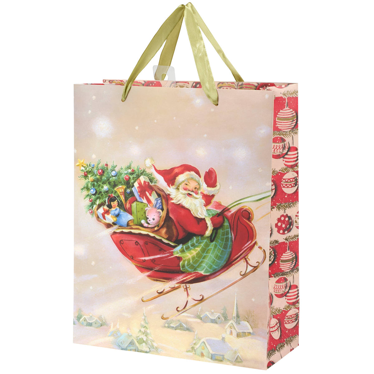 A Christmas-themed gift bag featuring an illustration of Santa Claus in a red sleigh carrying a decorated tree and presents, with red side panels showing hanging ornaments, on a plain white background.