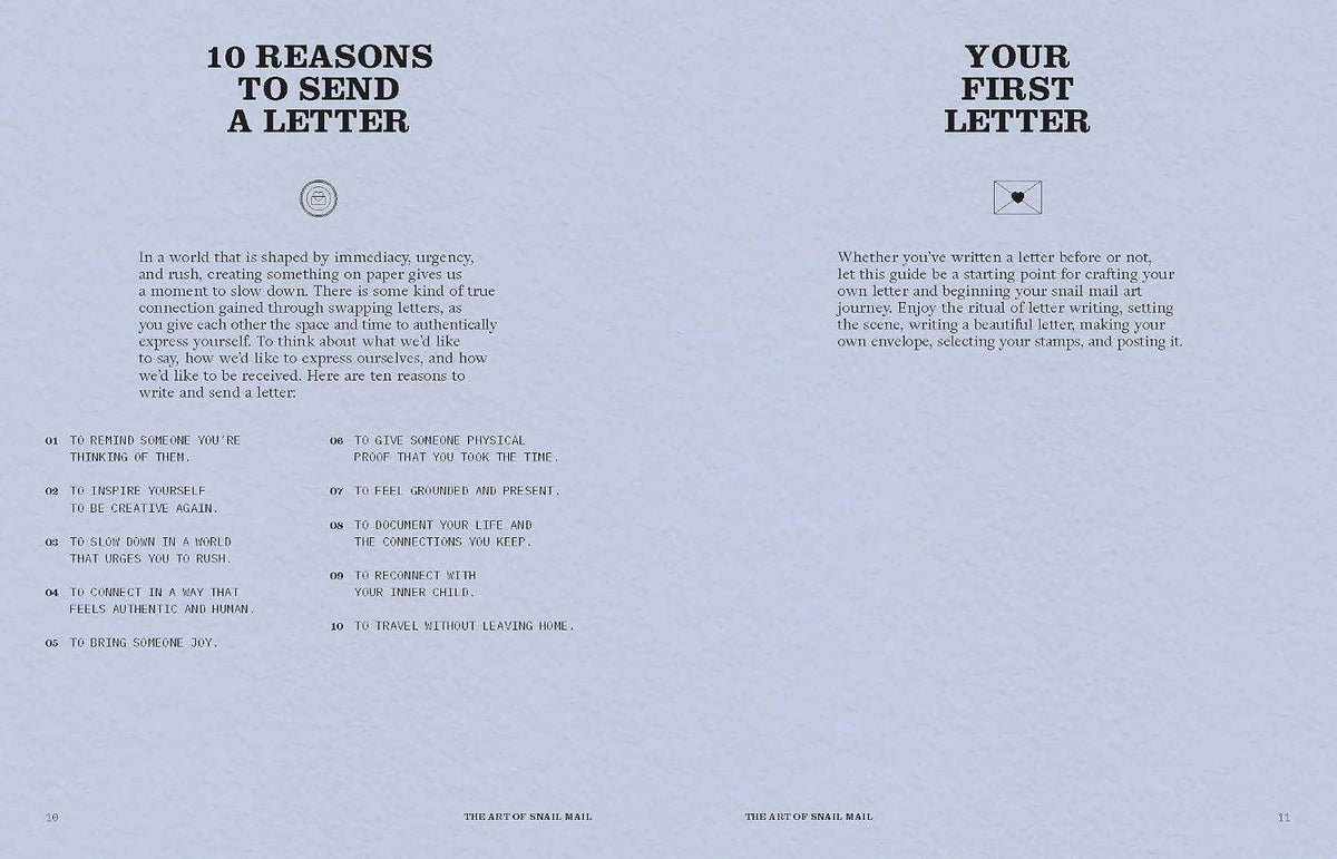 An open book spread showing pages about writing letters, with the headline '10 REASONS TO SEND A LETTER' on the left page and 'YOUR FIRST LETTER' on the right page, printed in black text on a pale blue-gray page.