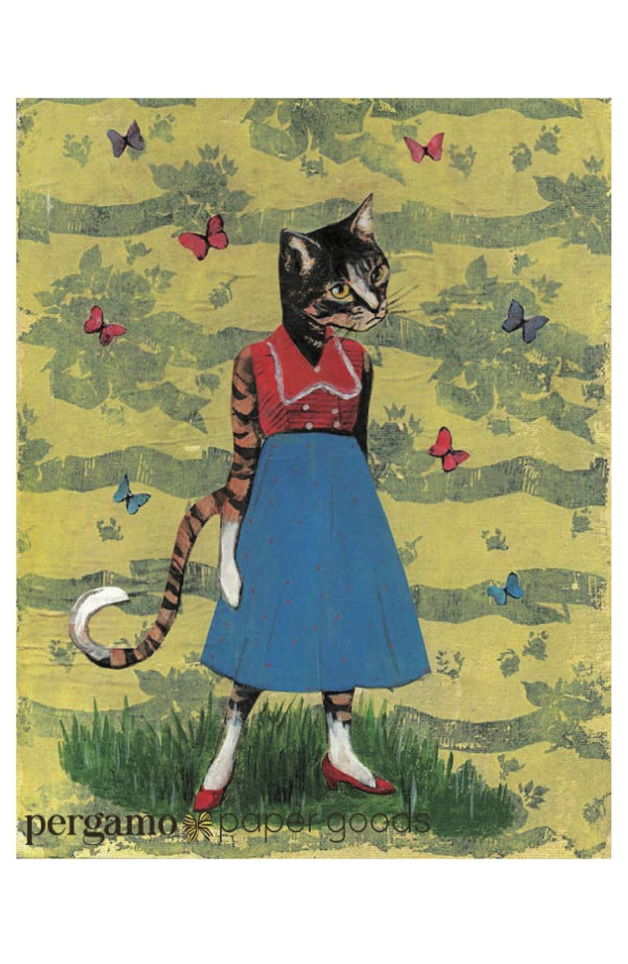 A whimsical art print featuring a cat dressed in a red vest and blue skirt standing on grass against a yellow-green patterned background with butterflies. The text 'pergamo paper goods' appears at the bottom.
