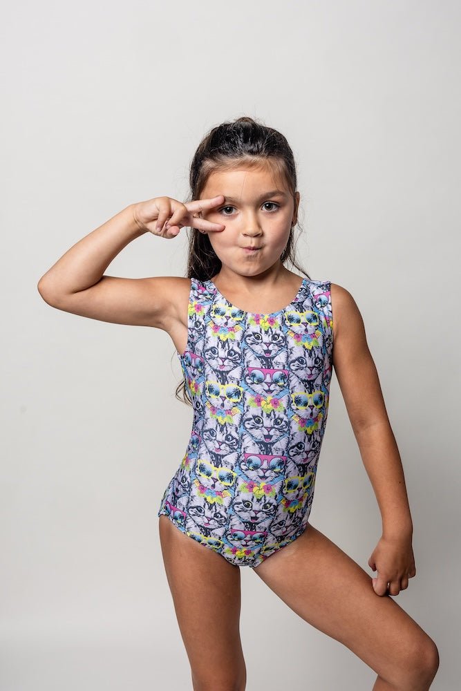Tropical Cool Cats Gymnastics Leotard - Fun Summer Kitty Print - Foxy’s