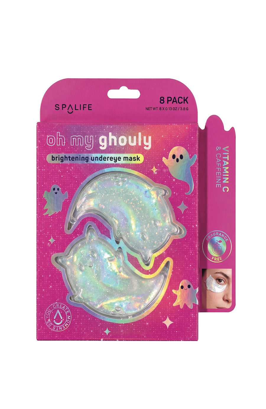 Spalife 'Oh My Ghouly' Brightening Undereye Mask in a 8-pack, featuring two iridescent, glittery crescent moon-shaped masks in pink packaging with cartoon ghost illustrations.