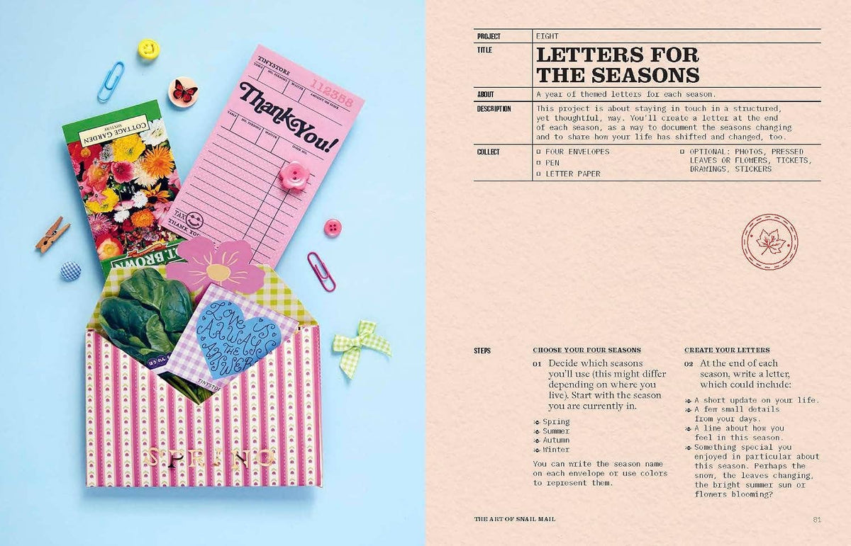 An open book or booklet spread showing a craft or stationery activity page. The left page has colorful paper envelopes, clips, and a floral card arranged on a light blue background, while the right page has printed text titled 'LETTERS FOR THE SEASONS' on a beige paper background.