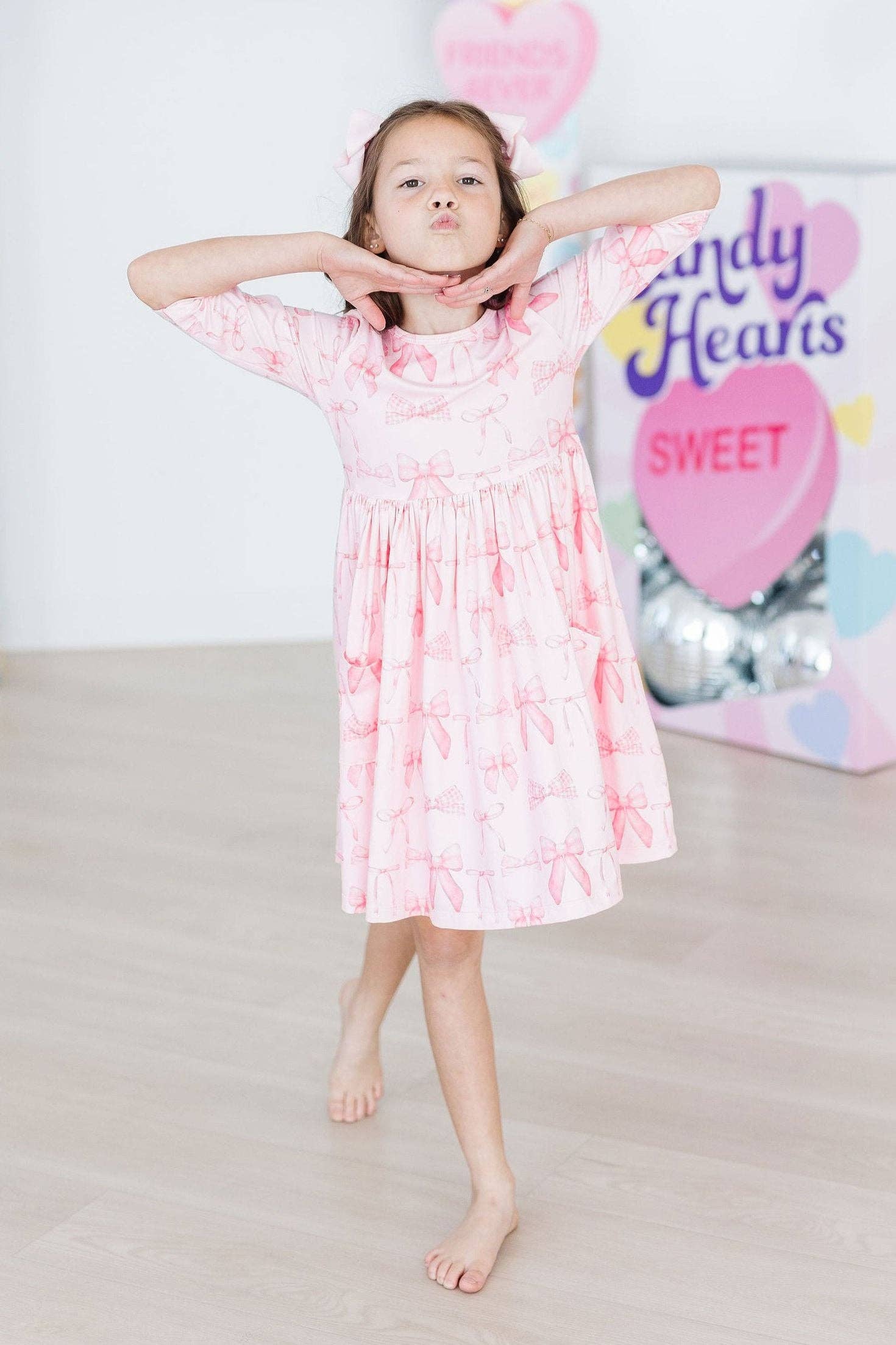 Blushing Bows 3/4 Sleeve Pocket Twirl Dress - Foxy’s