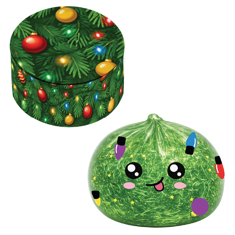 A Christmas-themed squishy toy and matching storage container. The squishy is a green, textured Christmas tree shape with a cute cartoon face, pink cheeks, and colorful hanging Christmas lights.