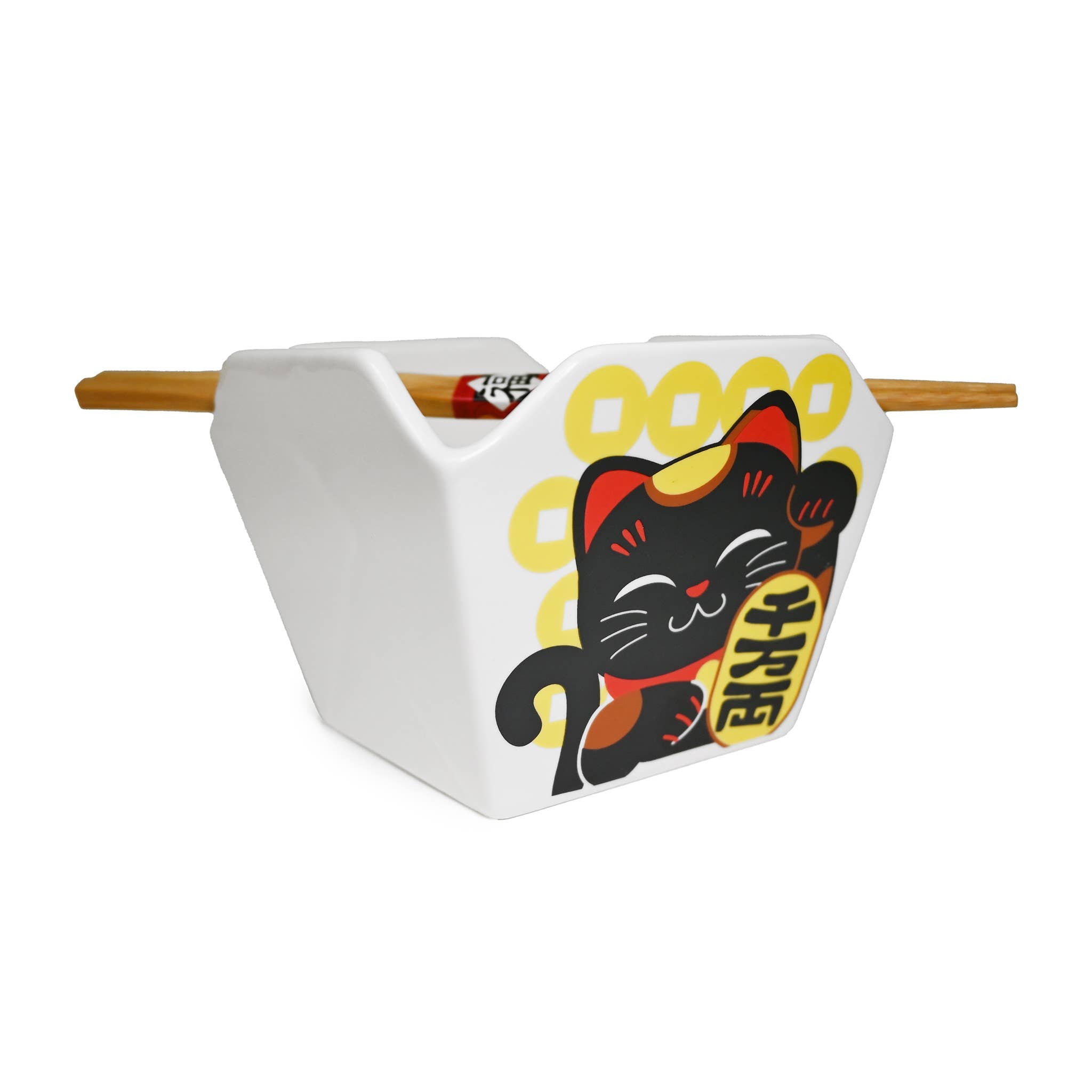 Ceramic Takeout Box-Style Bowl w/Chopstick – Lucky Cat - Foxy’s