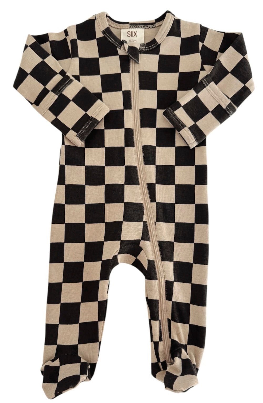 Tiramisu/Black Checkerboard / Organic Zip Footie - Foxy’s