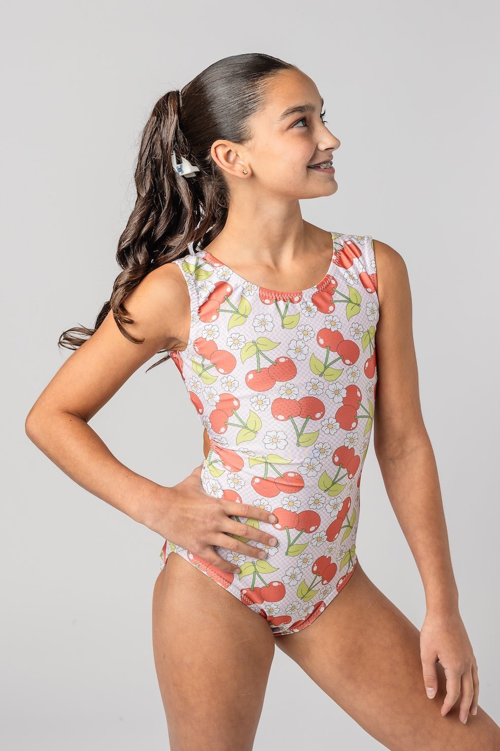 Cherries & Daisies Checkered Leotard | Fun Gymnastics & Dance Leotards - Foxy’s
