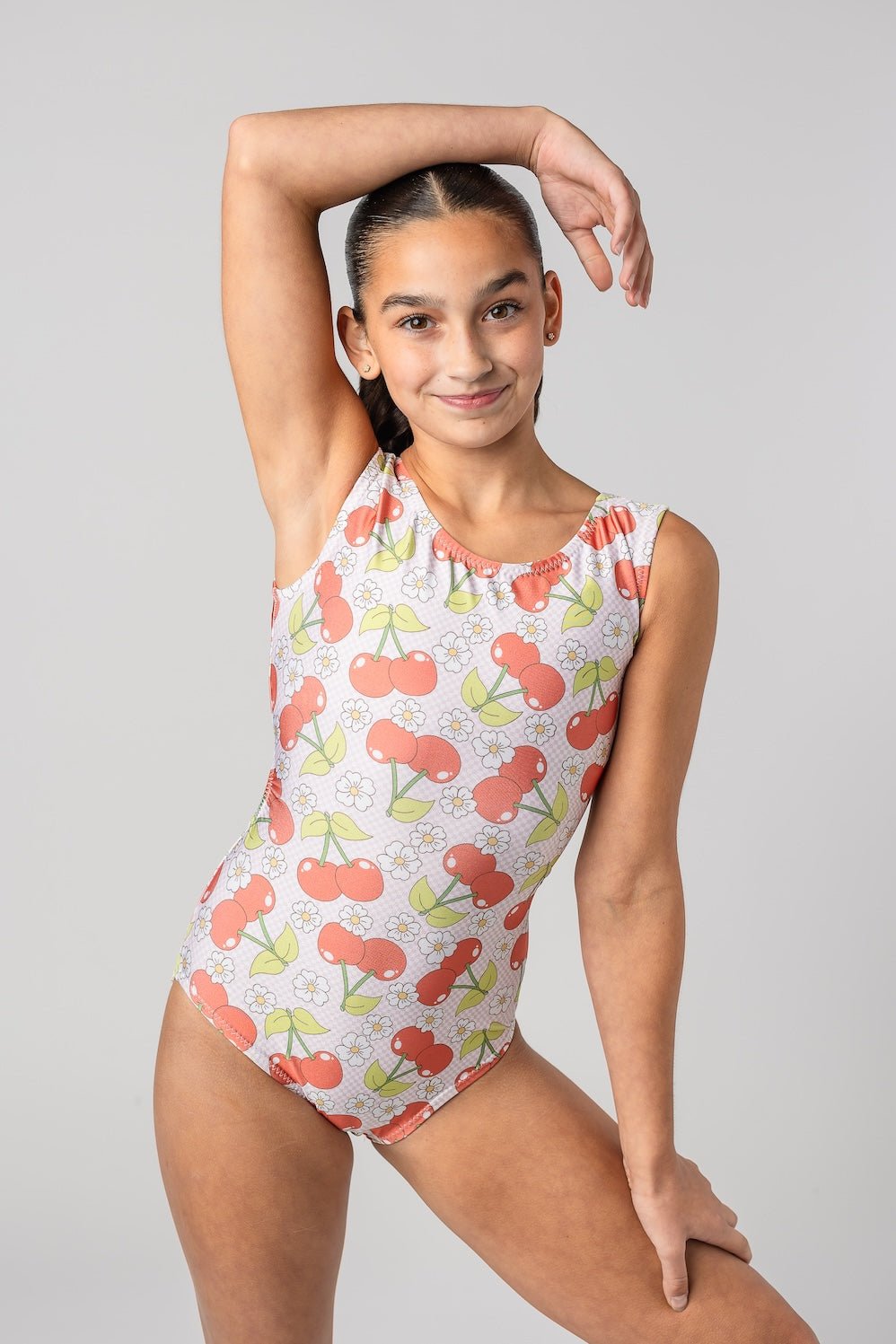 Cherries & Daisies Checkered Leotard | Fun Gymnastics & Dance Leotards - Foxy’s