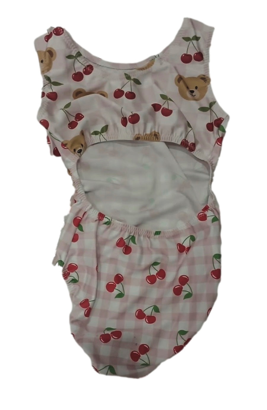 A baby leotard with an open-back tank design in a pink and white gingham pattern with red cherry prints and small teddy bear faces, shown against a plain white background.