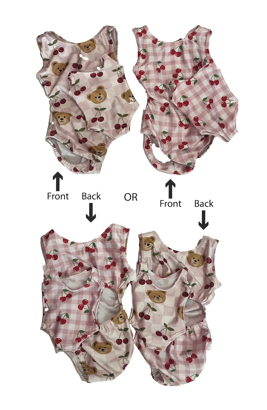  toddler leotards with matching doll leotardsshown on a white background, each with front and back views labeled with arrows and the word OR. The top set has a pink cherry print with teddy bear faces, and the bottom set has a pink gingham pattern with cherries and teddy bears.