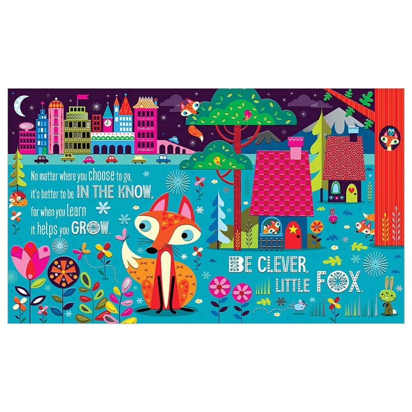Colorful children's book cover with a fox character and a cityscape background.