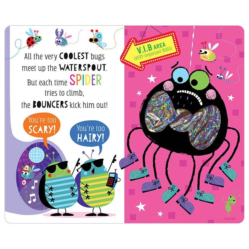 Children's book cover with colorful illustrations of bugs and a spider on a pink background.