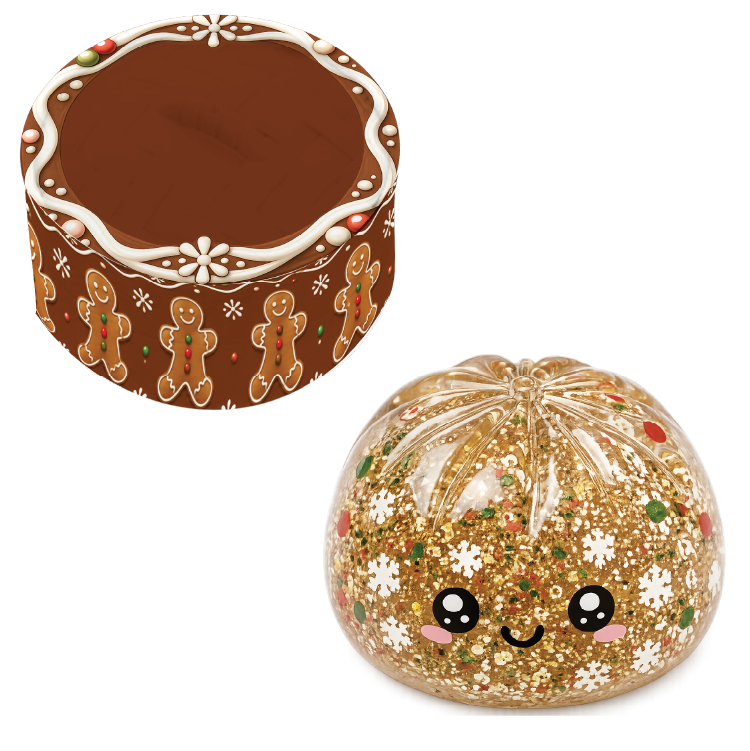 A round gingerbread-themed container shown open at the top left and closed at the bottom right. The container is brown with white icing-style trim, white flowers, and gingerbread men figures around the side.