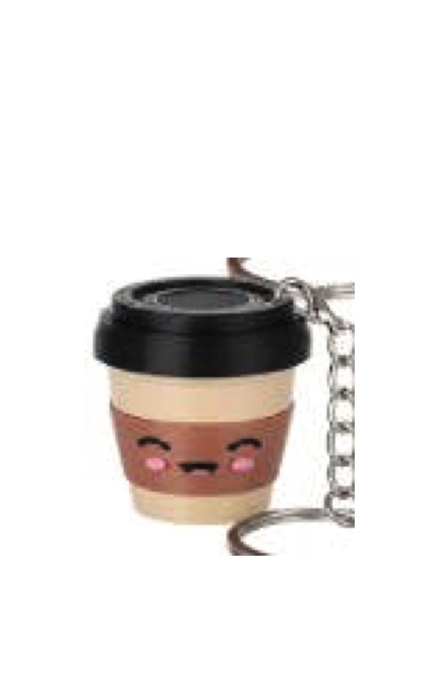 A novelty coffee cup keychain with a cute cartoon face, featuring a black lid, beige and brown body, and a silver metal keychain chain.