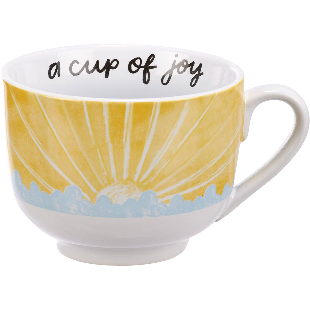 Mug with sun design and 'a cup of joy' text on a white background