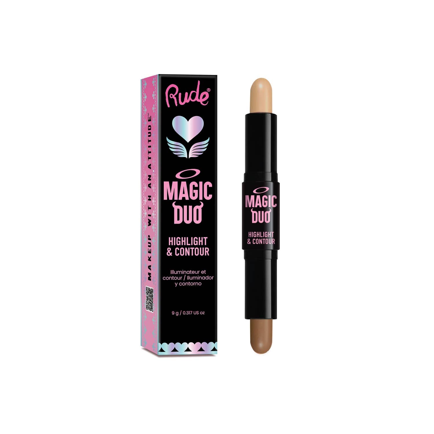 Rude Cosmetics Magic Duo highlight and contour stick with packaging on a white background