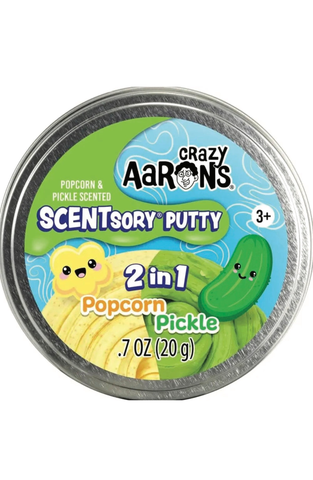 A round metal tin of Crazy Aaron's Scentsy Putty in Popcorn & Pickle scent, featuring a colorful label with cartoon popcorn and pickle graphics.
