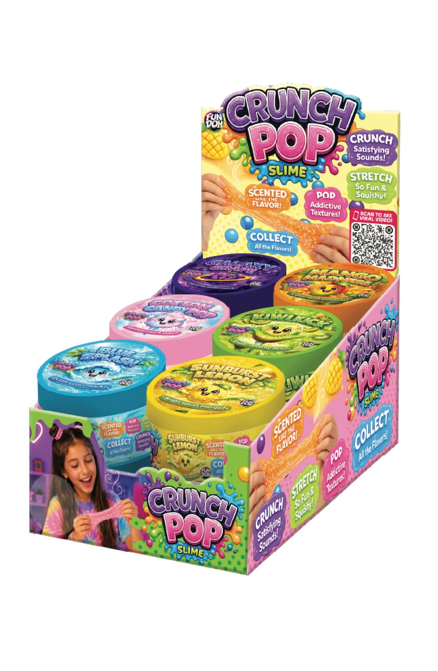 A retail display box filled with multiple colorful tubs of Crunch Pop Slime, including scented flavors and collectible variants, on a plain white background.