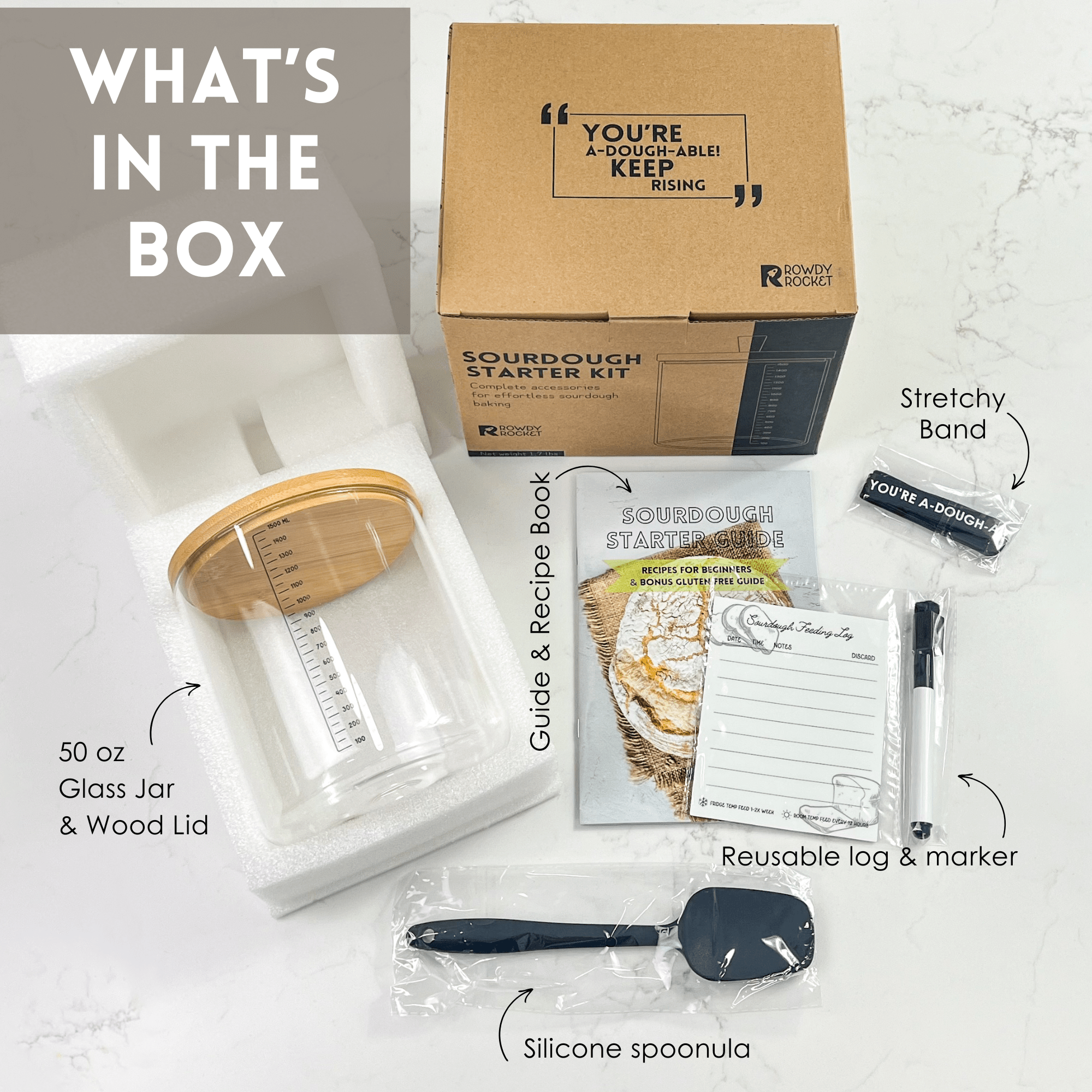 Sourdough Starter Kit with 50oz Glass Jar, Spatula & More - Foxy’s