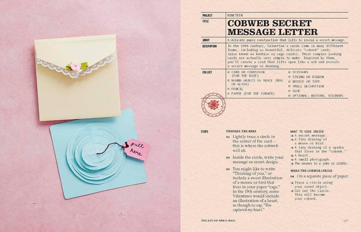 A flat-lay product photo of a 'Cowweb Secret Message Letter' kit by The Art of Small Things. The kit includes a cream-colored envelope with a lace trim, a light blue circular card, a white sheet of paper, and a small pink tag that reads 'mail here'.