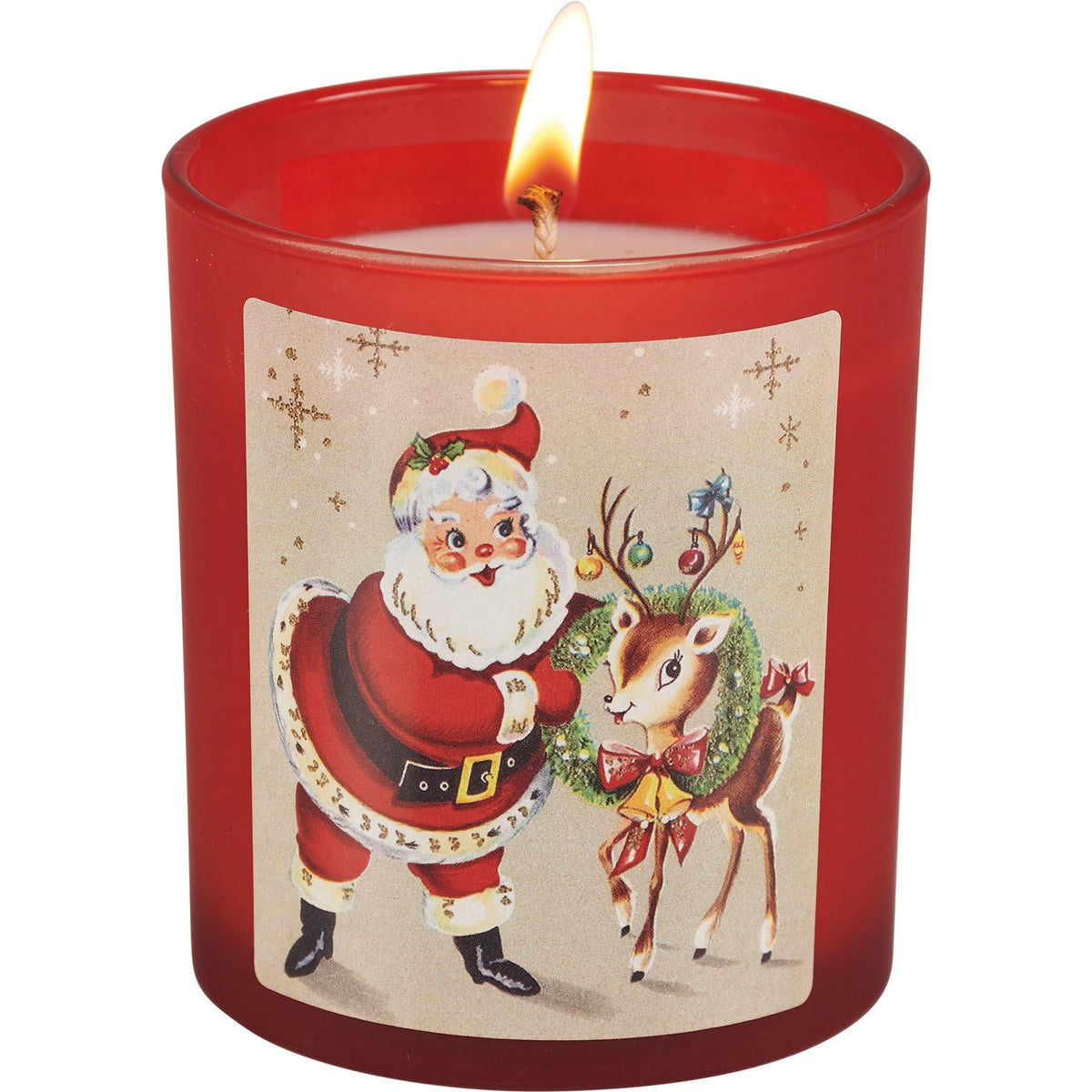 A red glass jar candle with a lit wick, featuring a vintage-style Christmas illustration of Santa Claus and a reindeer on the front label.