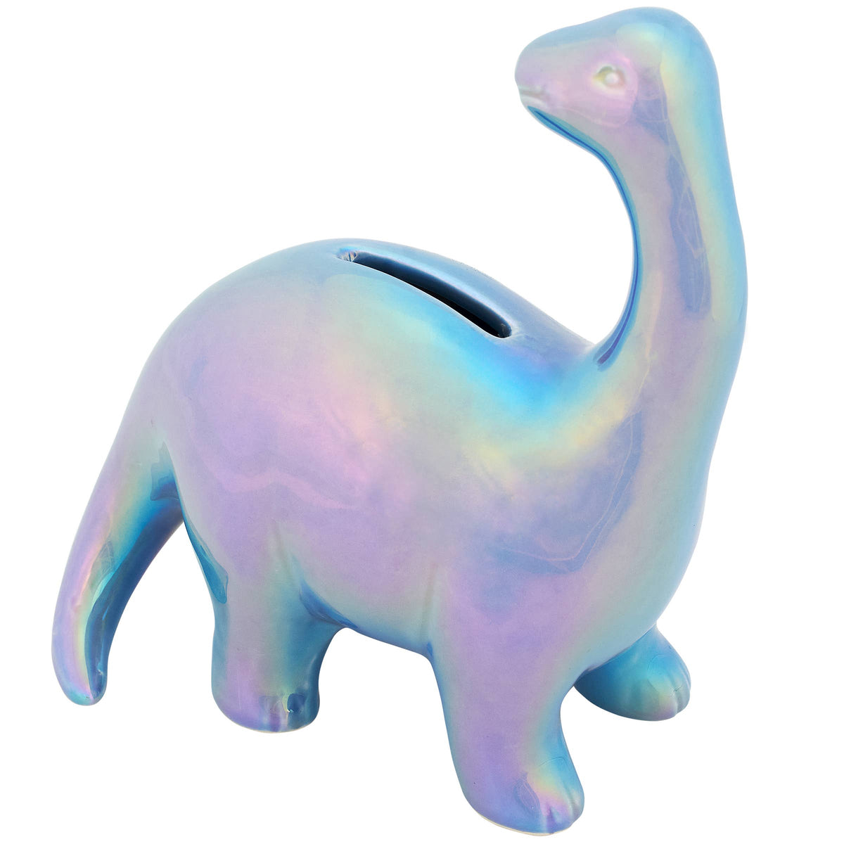 An iridescent dinosaur-shaped pig bank, shaped like a long-necked sauropod, with a slot on its back, shown on a plain white background.