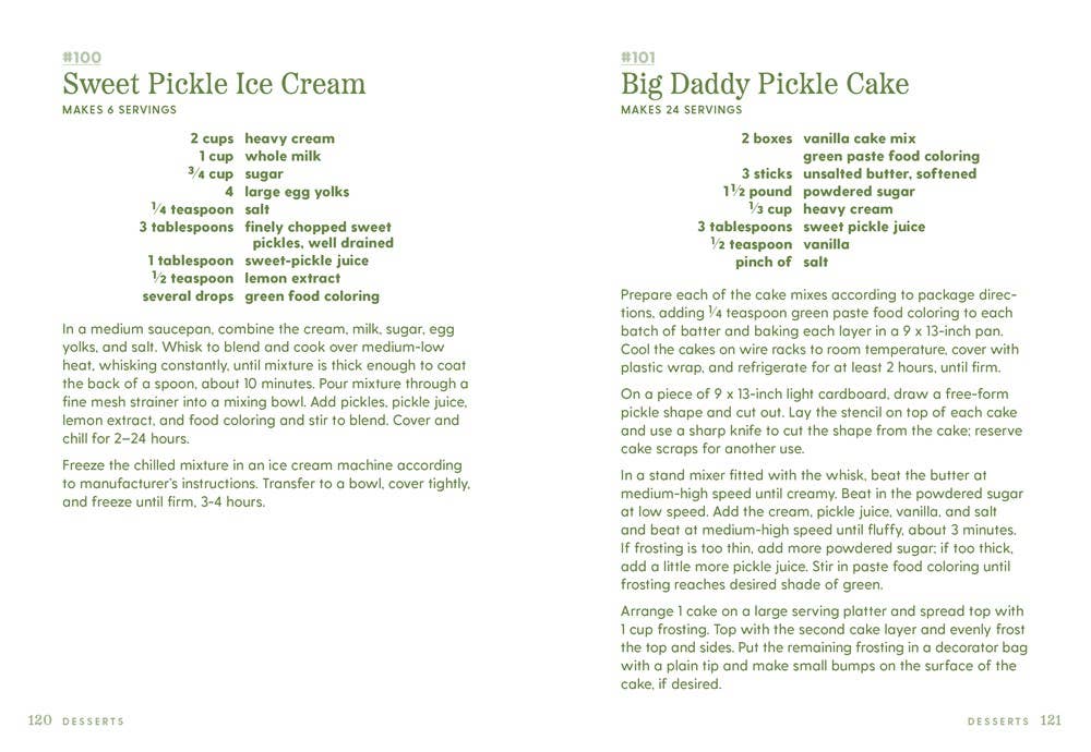Two pickle-themed recipes printed on a white background